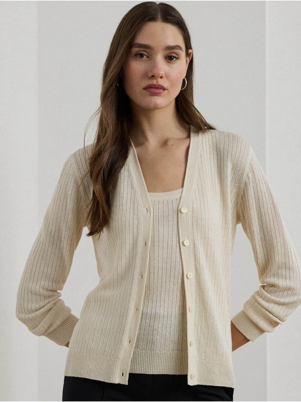 Lauren Ralph Lauren Women's Rib-Knit Linen-Blend V-Neck Cardigan